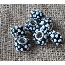 Pandora Style Bead Black with Flower Dots