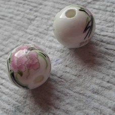 Ceramic ~ 14mm Round in White with pink