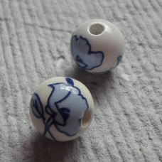 Ceramic ~ 12mm Round  Bead in White with Blue