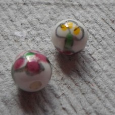 Ceramic ~ 9mm Round Bead in white with pink