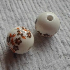 Ceramic ~ 12mm Round  Bead in White with Brown